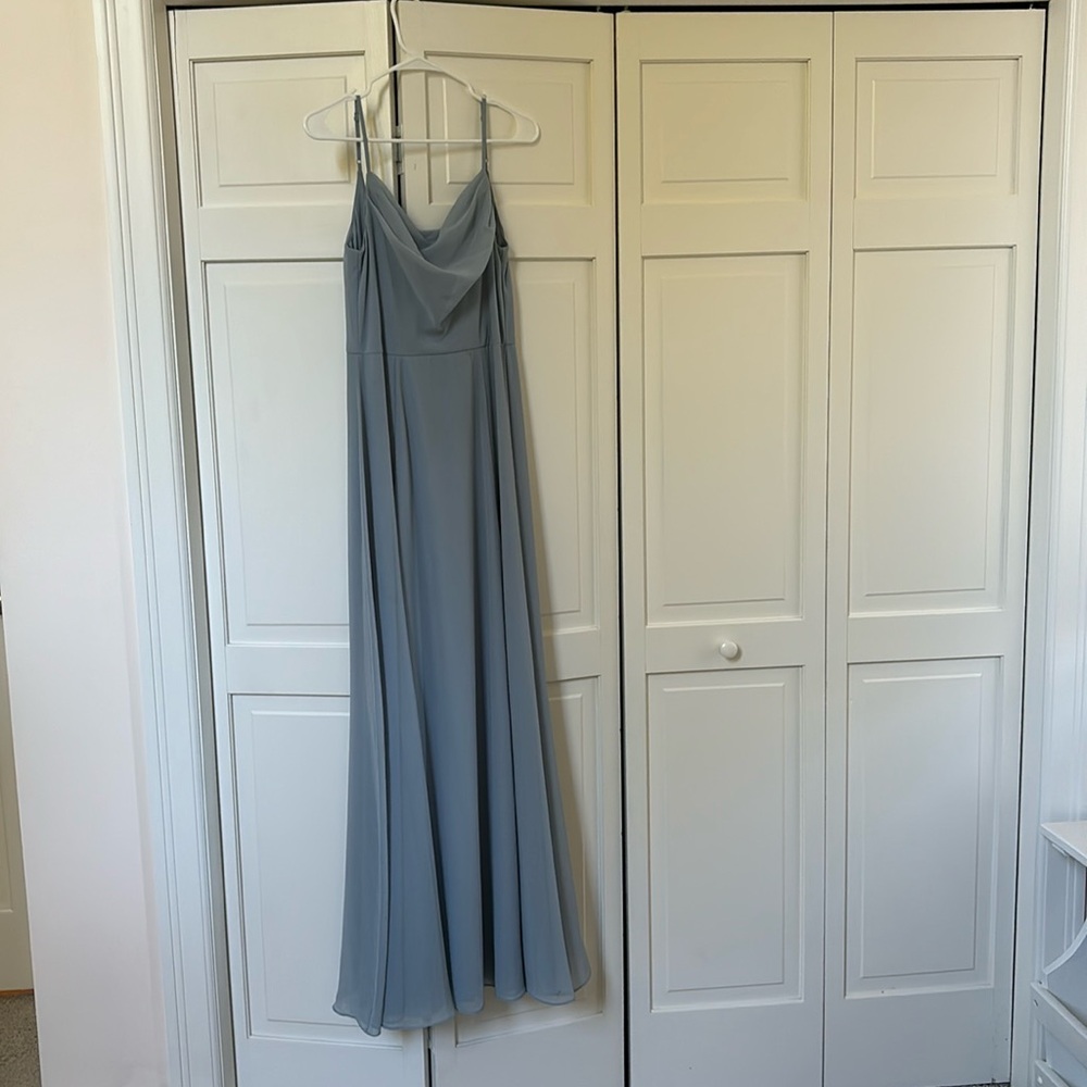 David’s Bridal Cowl Neck Chiffon Dress with Slit in Dusty Blue